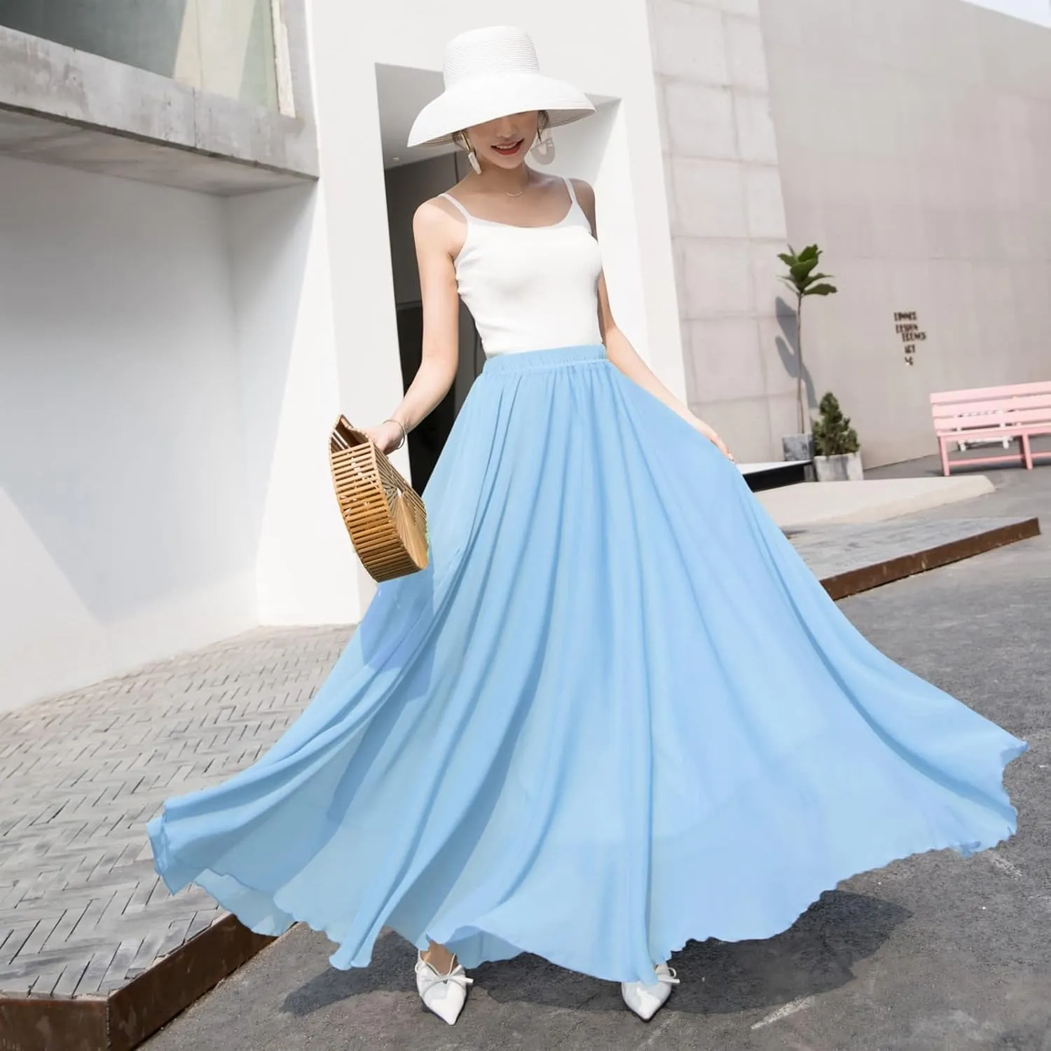 Boho Skirts for Women Summer Lightweight Sheer High Elastic Waist Pleated Loose Mesh Long Skirts for Going Out Outfits