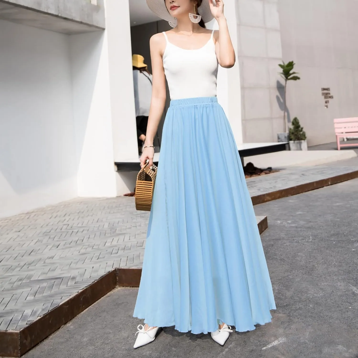 Boho Skirts for Women Summer Lightweight Sheer High Elastic Waist Pleated Loose Mesh Long Skirts for Going Out Outfits