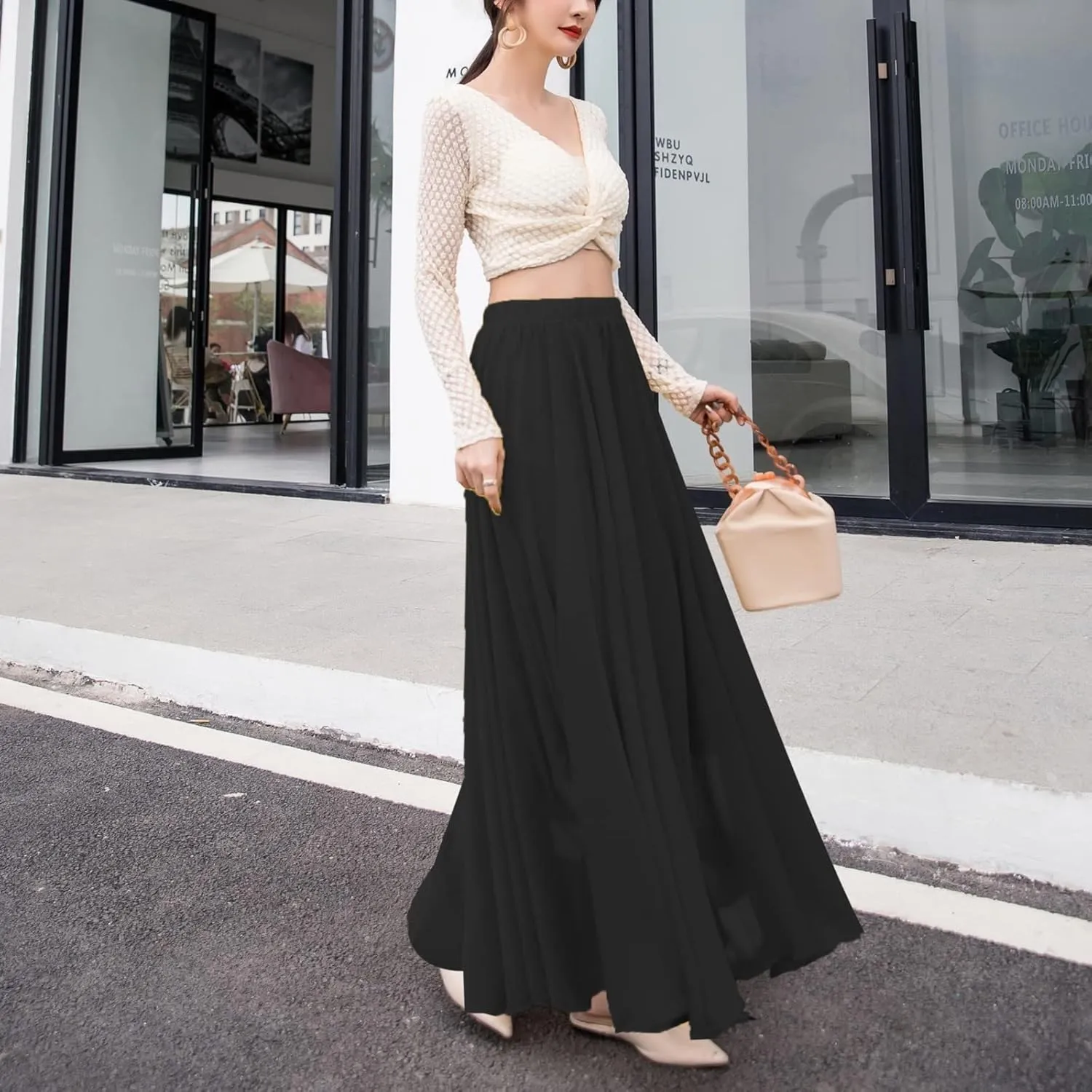 Boho Skirts for Women Summer Lightweight Sheer High Elastic Waist Pleated Loose Mesh Long Skirts for Going Out Outfits