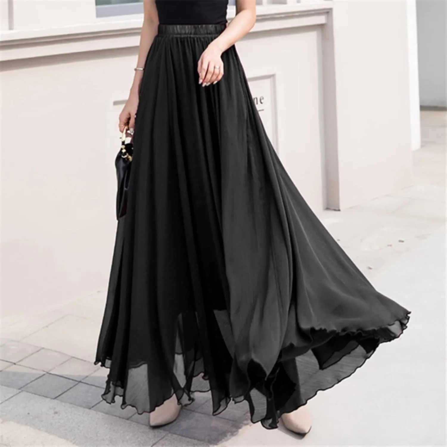 Boho Skirts for Women Summer Lightweight Sheer High Elastic Waist Pleated Loose Mesh Long Skirts for Going Out Outfits