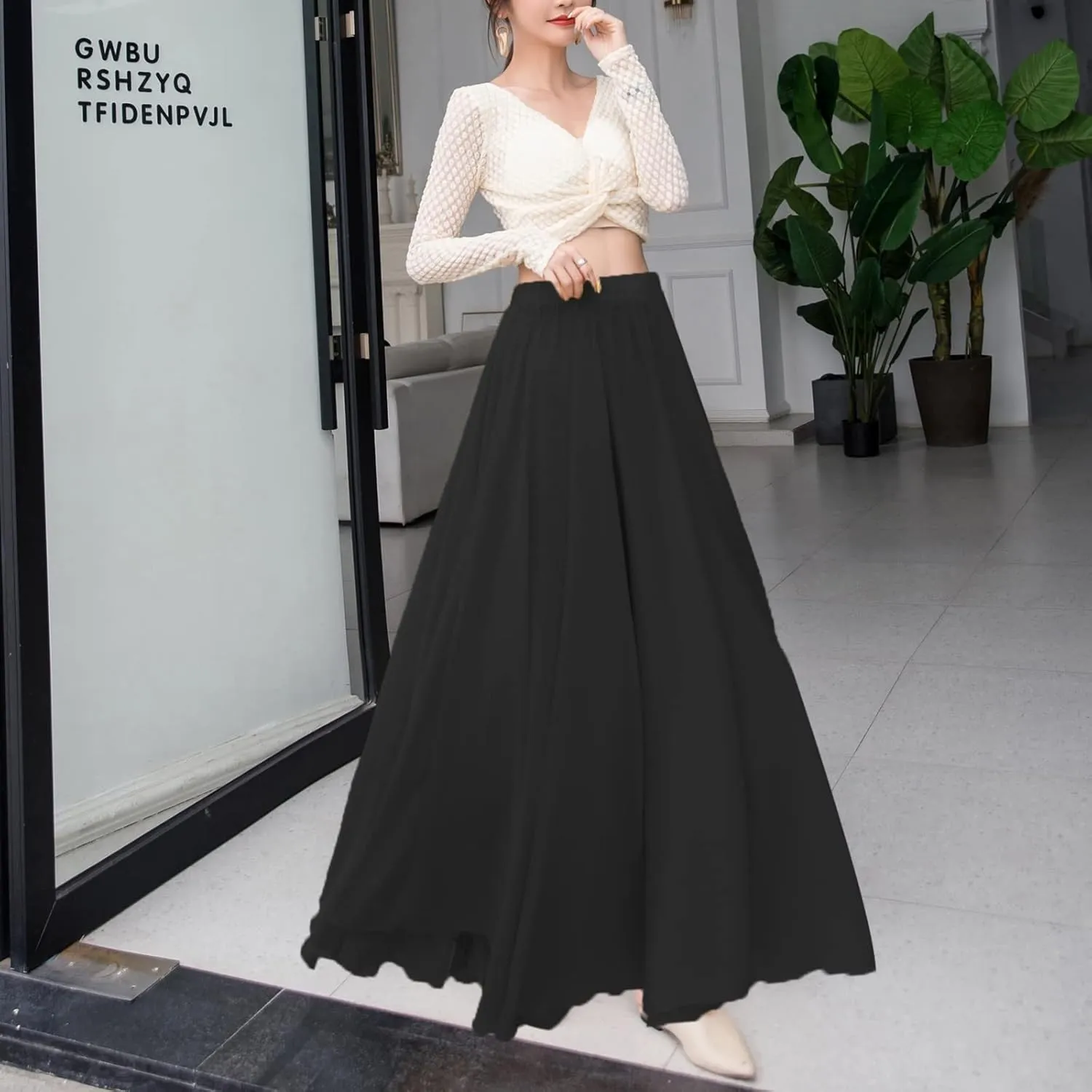 Boho Skirts for Women Summer Lightweight Sheer High Elastic Waist Pleated Loose Mesh Long Skirts for Going Out Outfits