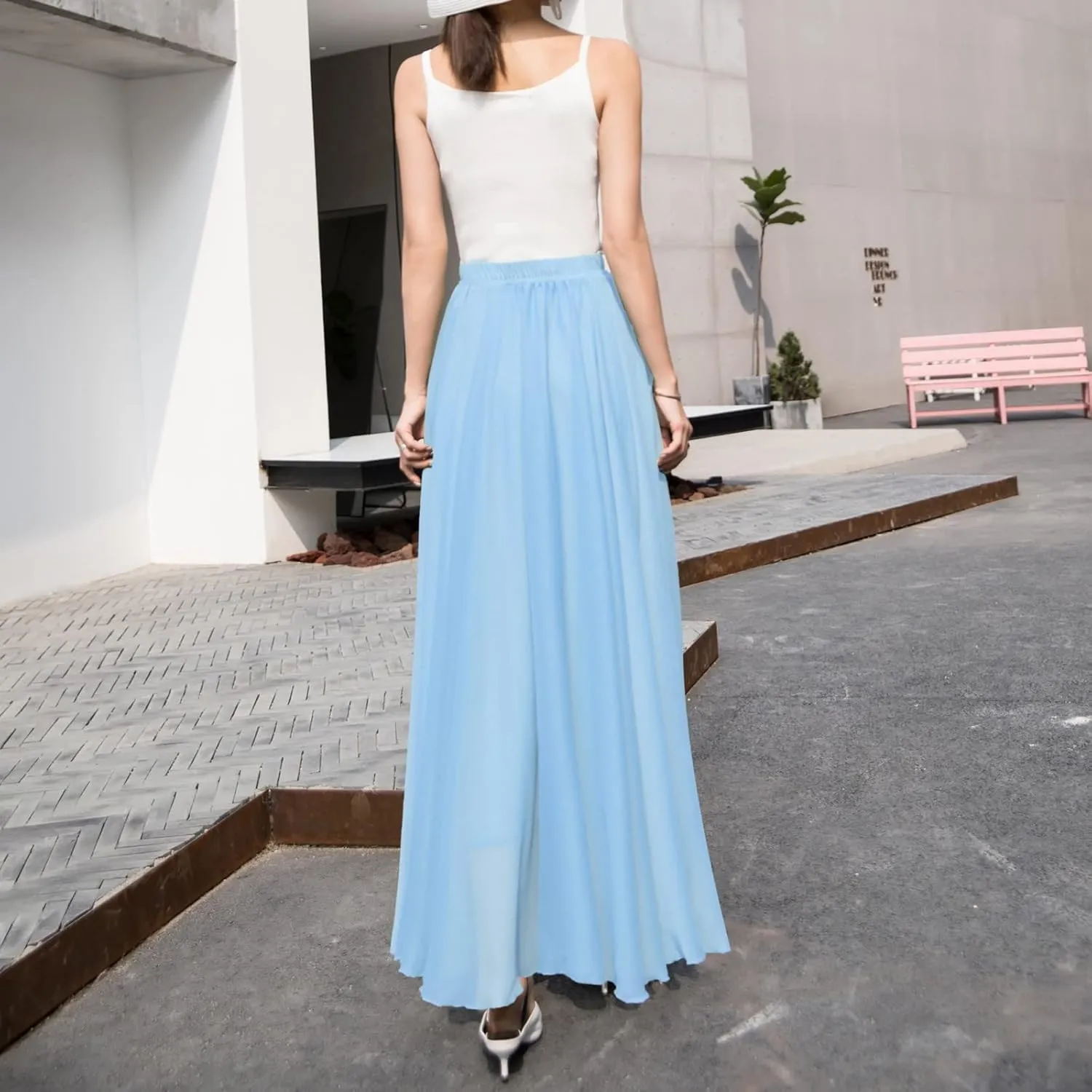 Boho Skirts for Women Summer Lightweight Sheer High Elastic Waist Pleated Loose Mesh Long Skirts for Going Out Outfits