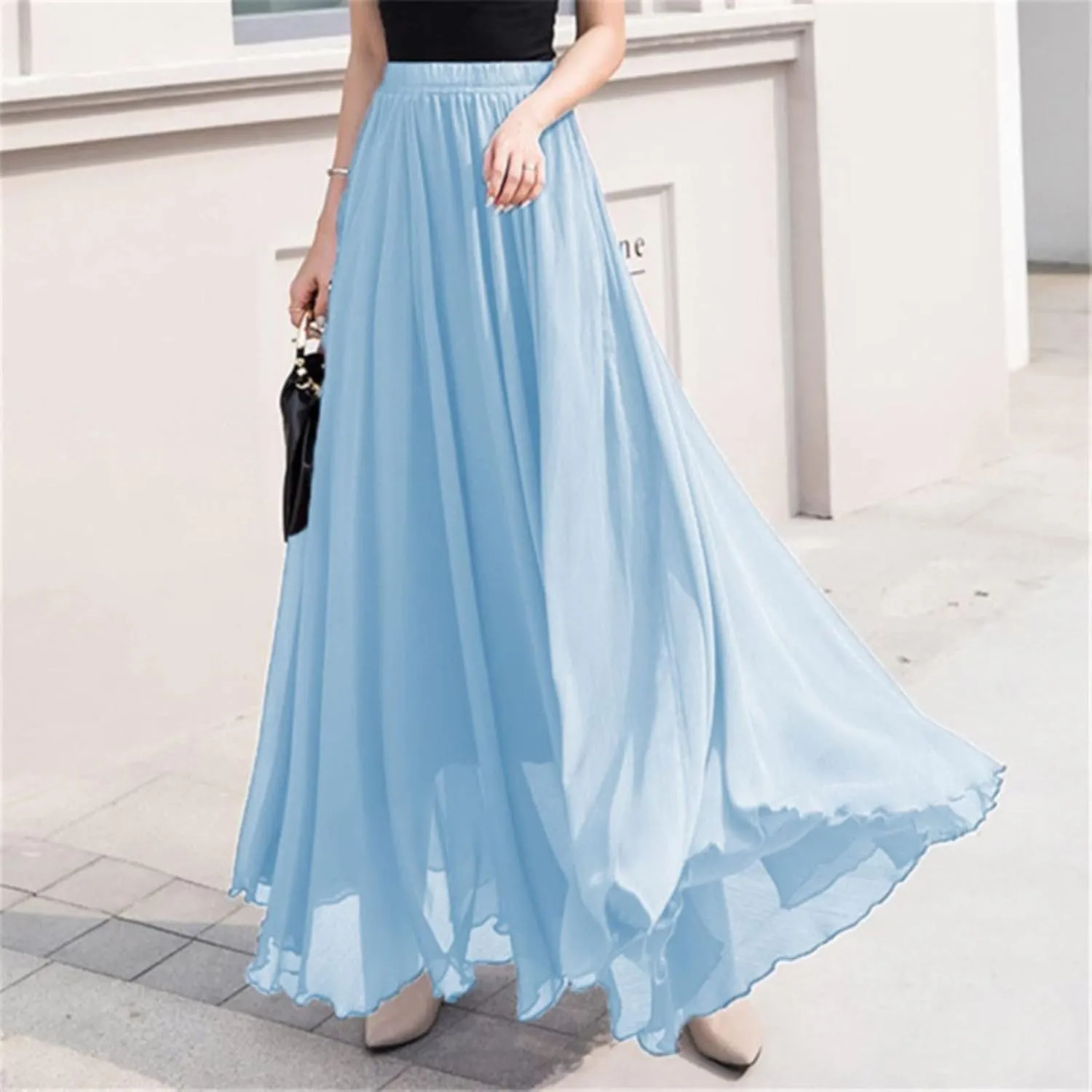 Boho Skirts for Women Summer Lightweight Sheer High Elastic Waist Pleated Loose Mesh Long Skirts for Going Out Outfits