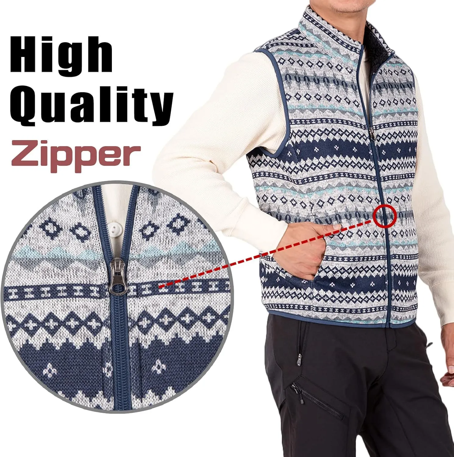 Bonnroth Mens Full Zip Sweater Fleece Vest, Sherpa Lined Stand Collar Vests with Pocket