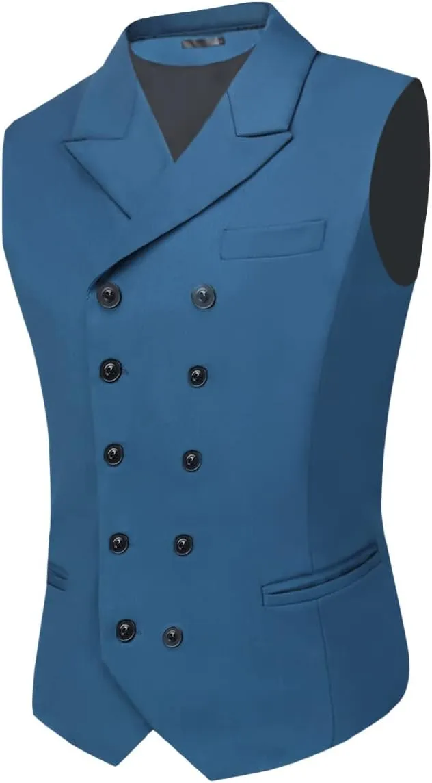 Boyland Men's Double Breasted Business Wedding Vests Dress Waistcoat 10 Buttons Closure V-Neck Suit Vest Slim Fit Plus Size