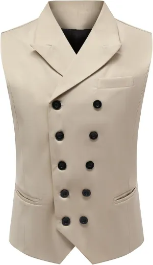 Boyland Men's Double Breasted Business Wedding Vests Dress Waistcoat 10 Buttons Closure V-Neck Suit Vest Slim Fit Plus Size