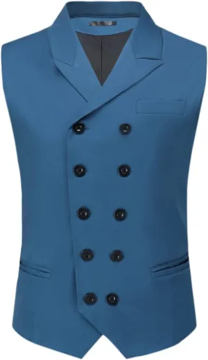 Boyland Men's Double Breasted Business Wedding Vests Dress Waistcoat 10 Buttons Closure V-Neck Suit Vest Slim Fit Plus Size