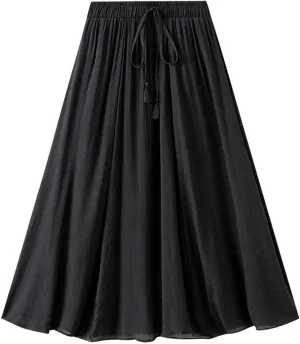 BTDECLAR Cotton Linen Skirts for Women Summer Elastic High Waist Tie Y2K Skirt Lightweight Casual Pleated A Line Midi Skirts