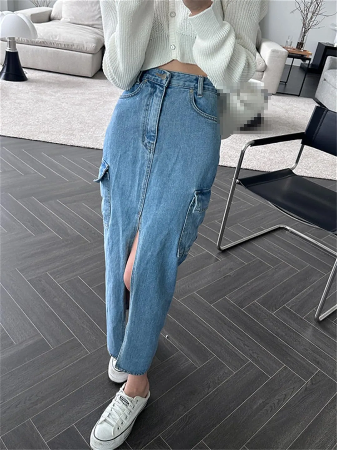 Cargo Jeans Skirts for Women High Waisted Side Pockets Split Midi Skirt Slim Casual Streetwear