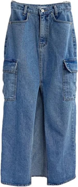 Cargo Jeans Skirts for Women High Waisted Side Pockets Split Midi Skirt Slim Casual Streetwear