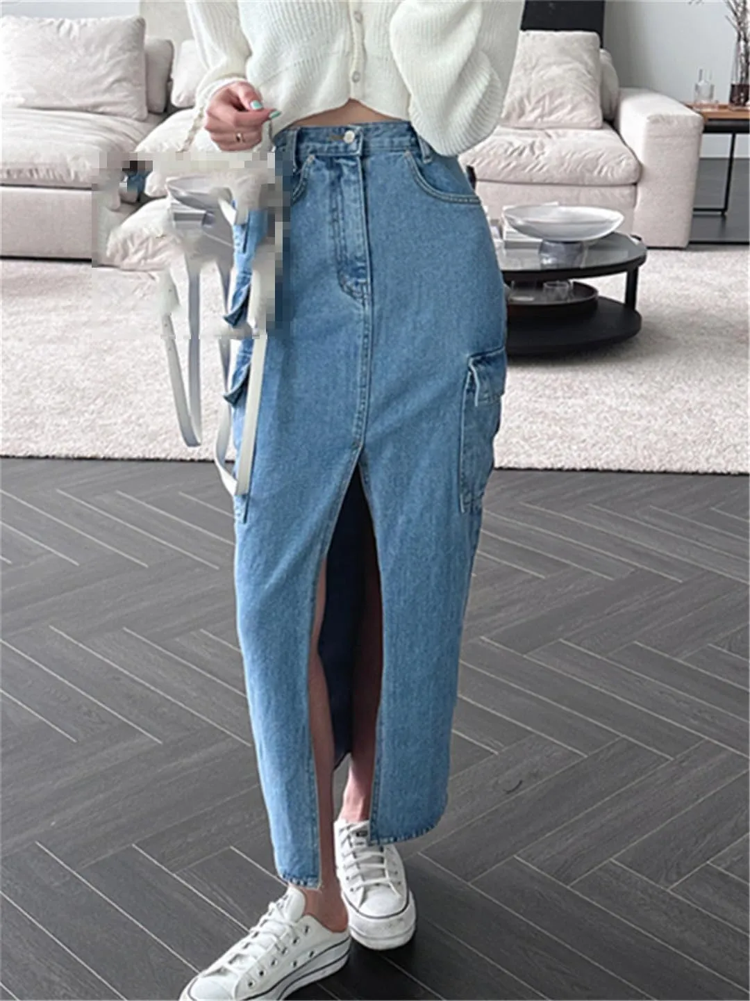 Cargo Jeans Skirts for Women High Waisted Side Pockets Split Midi Skirt Slim Casual Streetwear