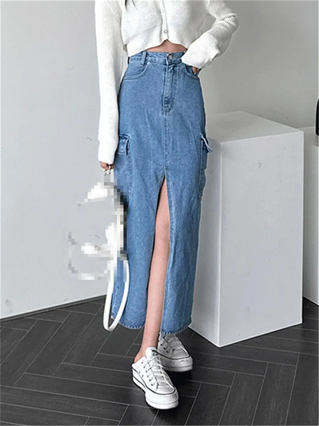 Cargo Jeans Skirts for Women High Waisted Side Pockets Split Midi Skirt Slim Casual Streetwear