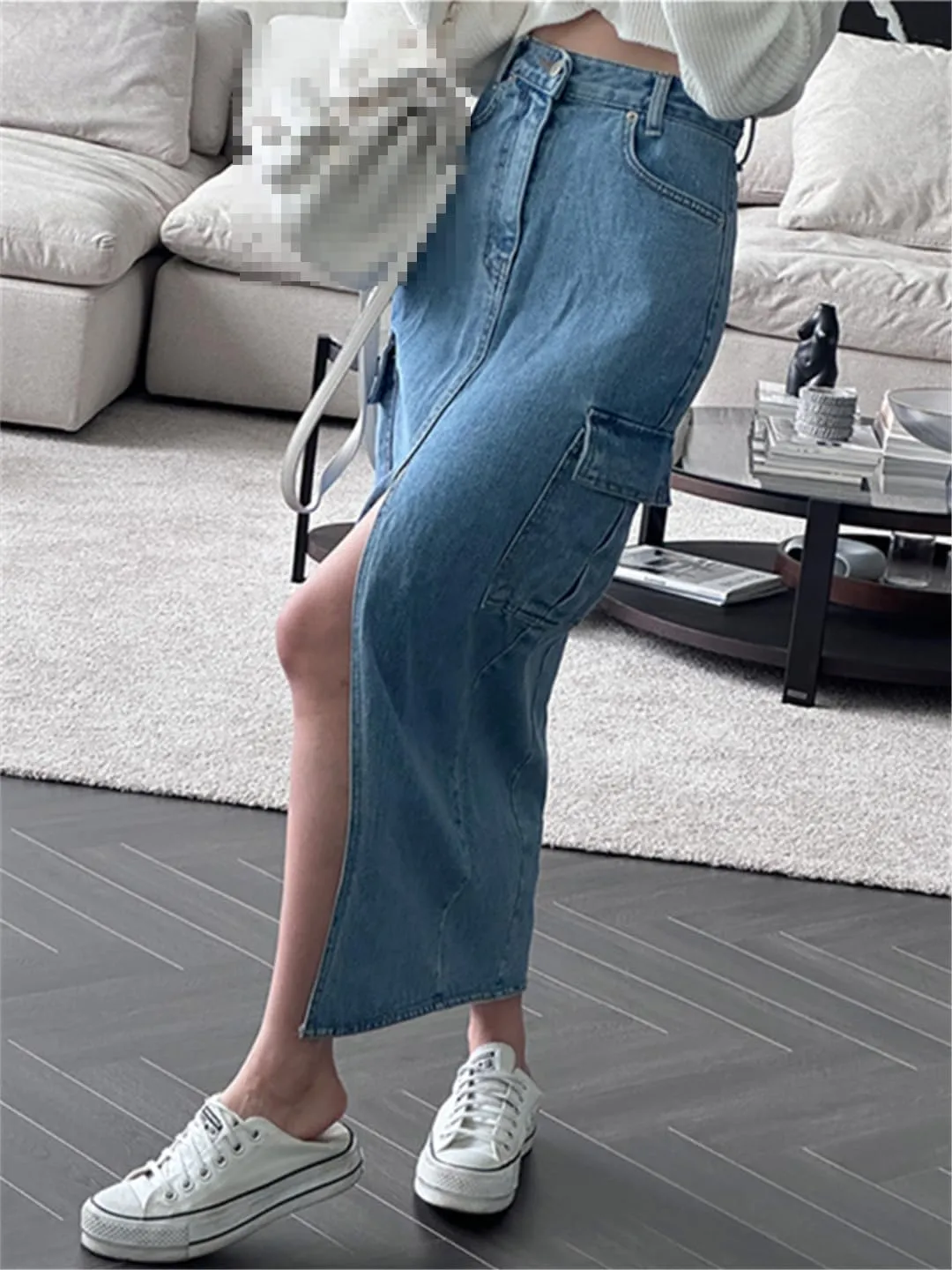 Cargo Jeans Skirts for Women High Waisted Side Pockets Split Midi Skirt Slim Casual Streetwear