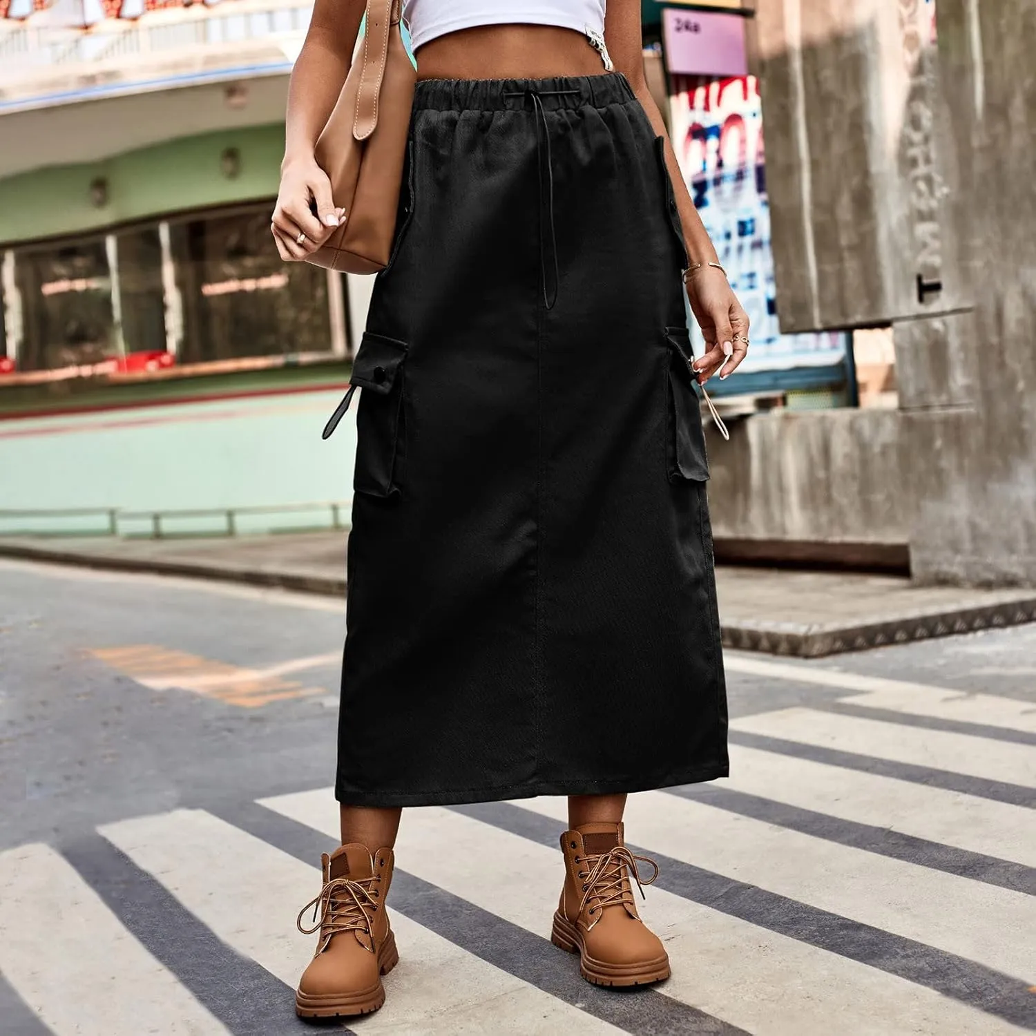 Cargo Skirts for Women High Waisted Casual A Line Side Drawstring Y2K Midi Long Skirt with Pockets Trendy Outfits