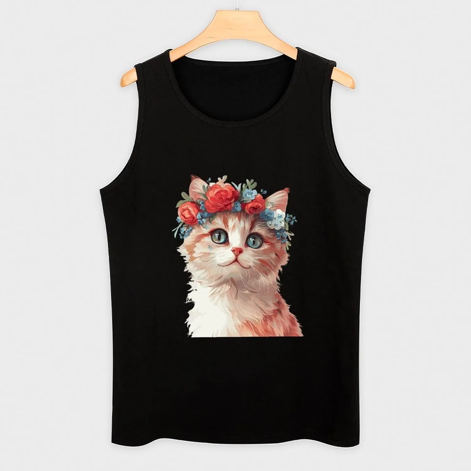 Cat Flower Mens Tank Top Cotton Undershirt Crewneck Sleeveless Shirt for Summer