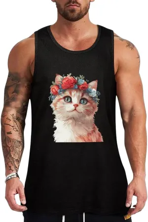 Cat Flower Mens Tank Top Cotton Undershirt Crewneck Sleeveless Shirt for Summer