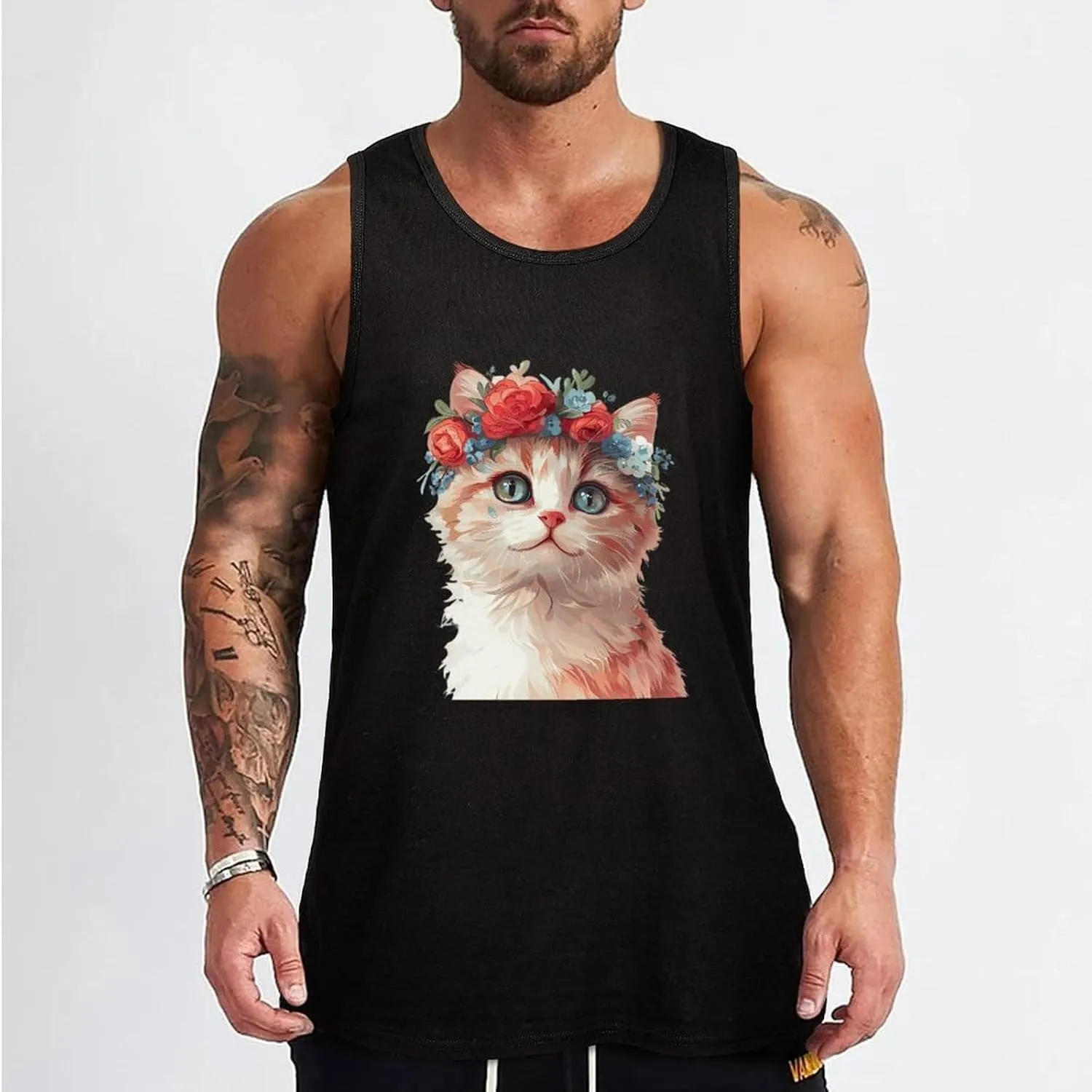 Cat Flower Mens Tank Top Cotton Undershirt Crewneck Sleeveless Shirt for Summer