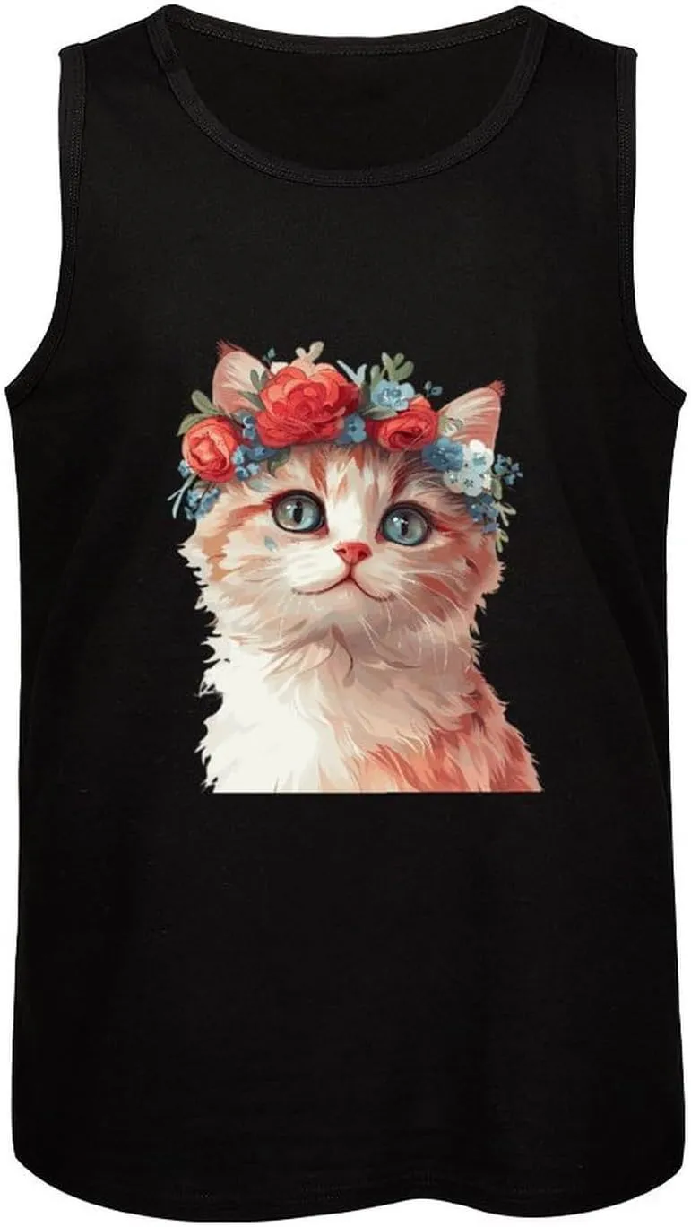 Cat Flower Mens Tank Top Cotton Undershirt Crewneck Sleeveless Shirt for Summer