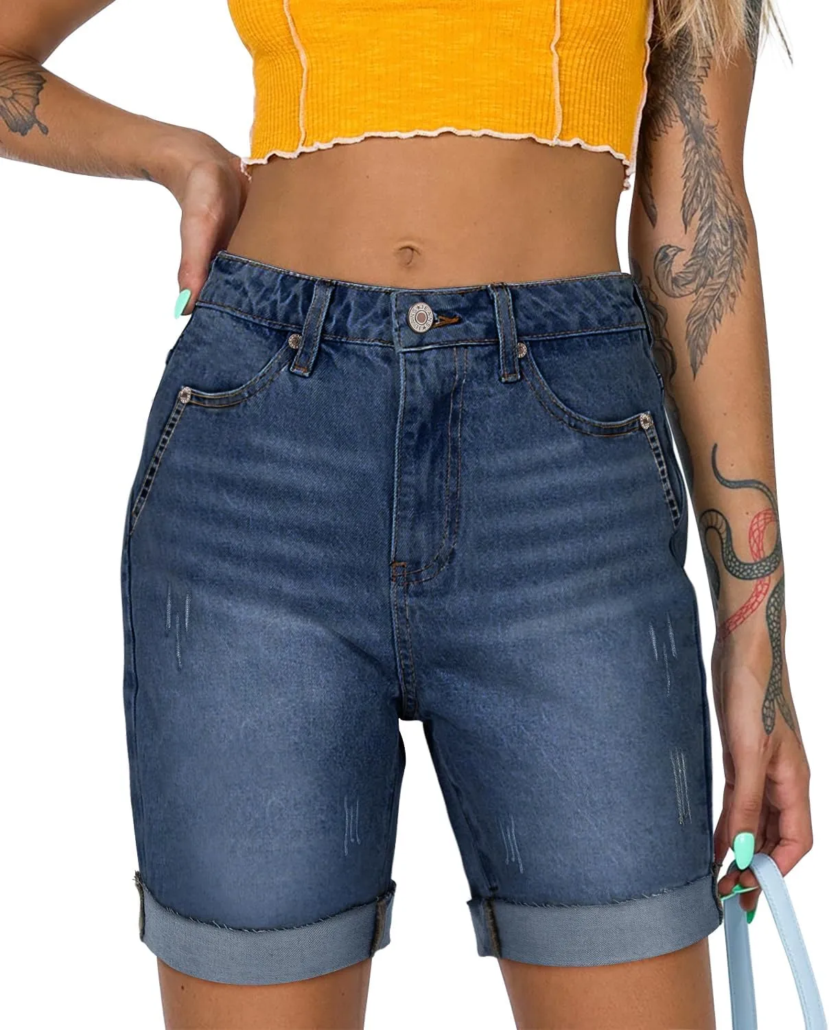 CHICZONE Womens Bermuda Jean Shorts Stretchy Mid Waisted Denim Shorts with Pockets