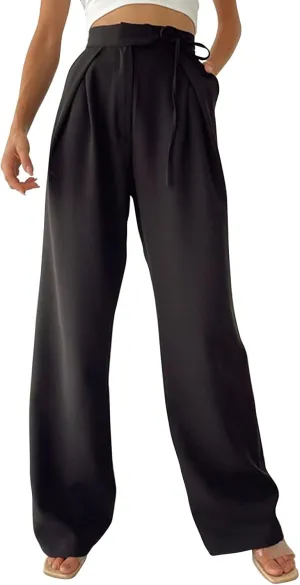 Cocoarm Women's Long Straight Wide Leg Pants Tie Casual High Waist Loose Pleated Hiking Running Tights Drawstring Sports(S-Black)