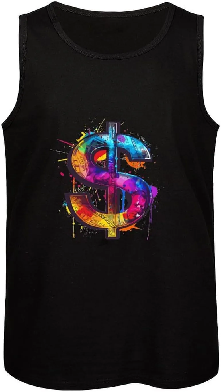 Colorful U.S.Dollar Sign Mens Tank Top Cotton Undershirt Crewneck Sleeveless Shirt for Summer