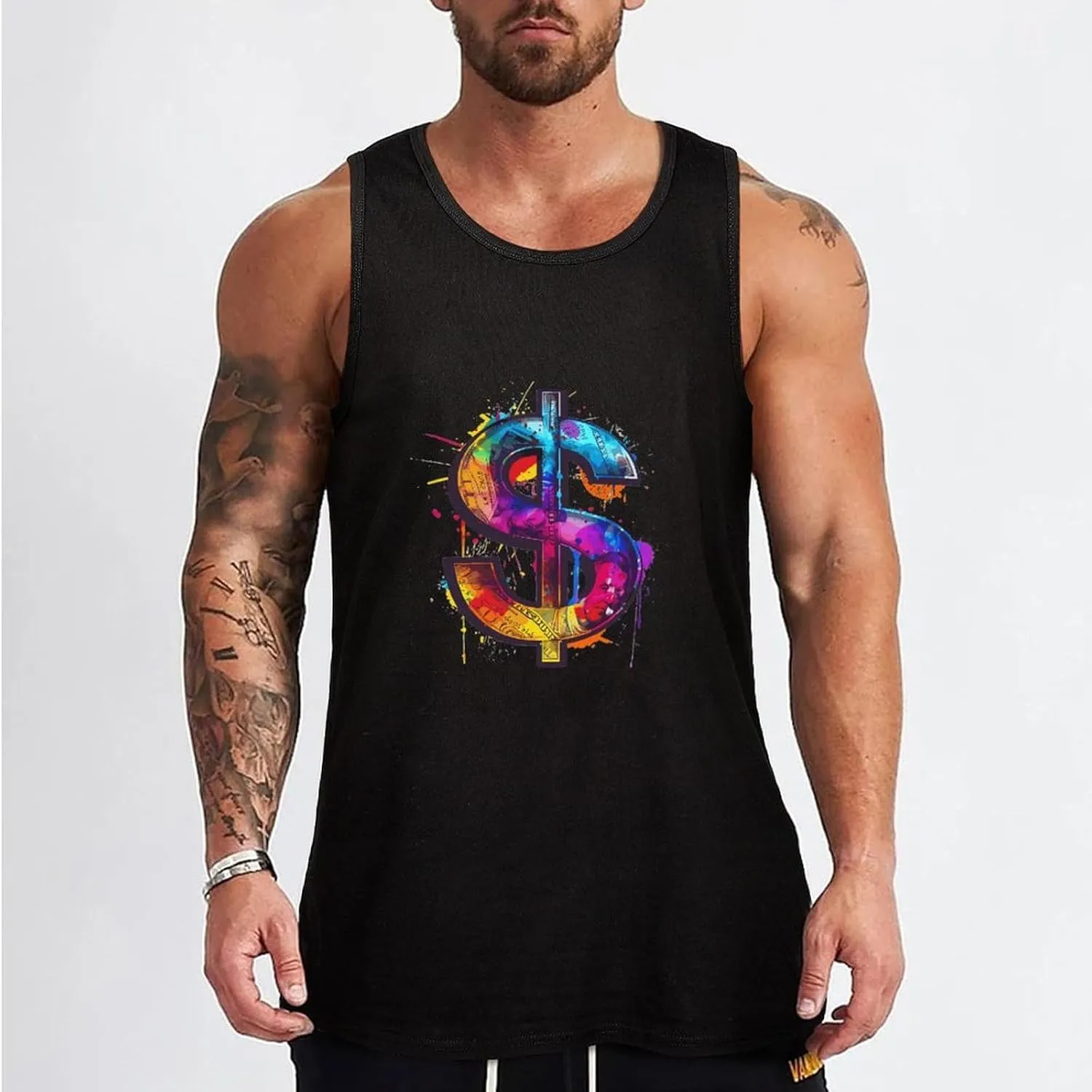 Colorful U.S.Dollar Sign Mens Tank Top Cotton Undershirt Crewneck Sleeveless Shirt for Summer
