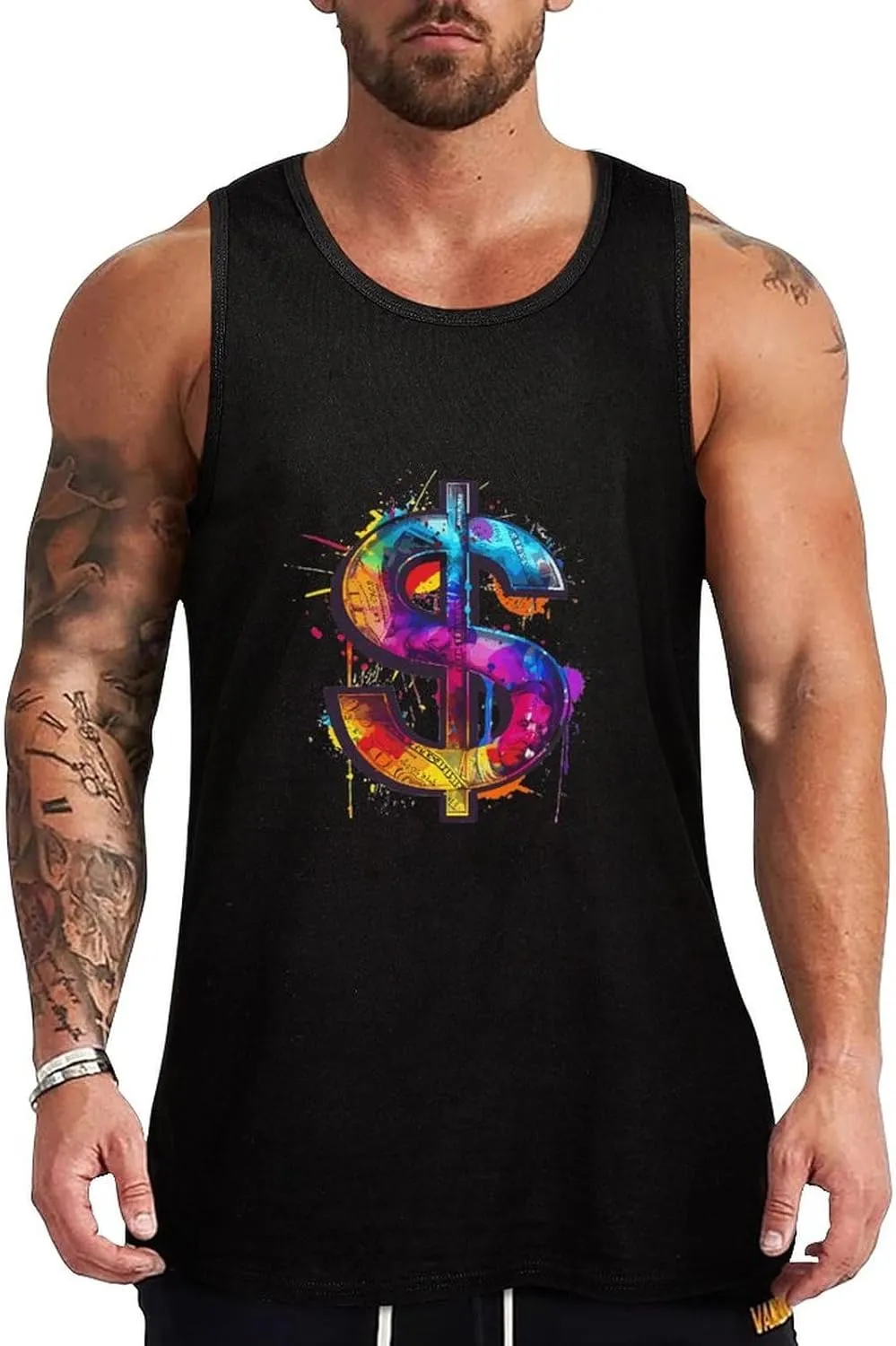 Colorful U.S.Dollar Sign Mens Tank Top Cotton Undershirt Crewneck Sleeveless Shirt for Summer