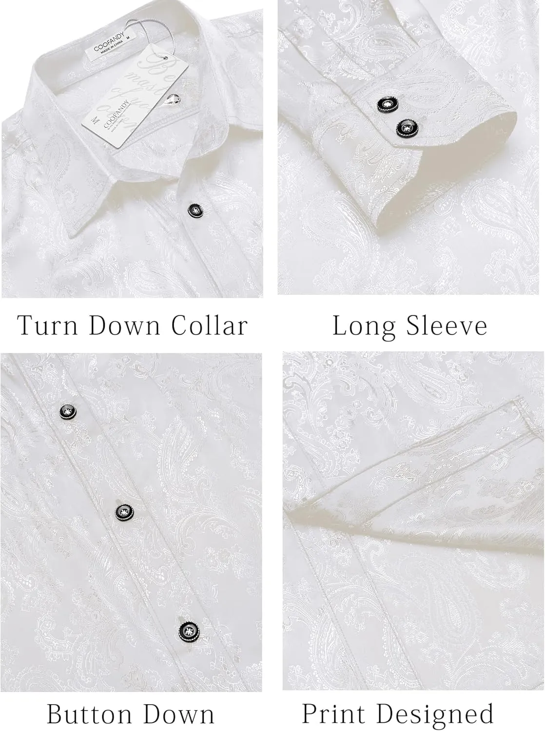 COOFANDY Men's Silk Satin Dress Shirt Long Sleeve Floral Printed Shirt Paisley Button Down Shirts for Wedding Party Prom