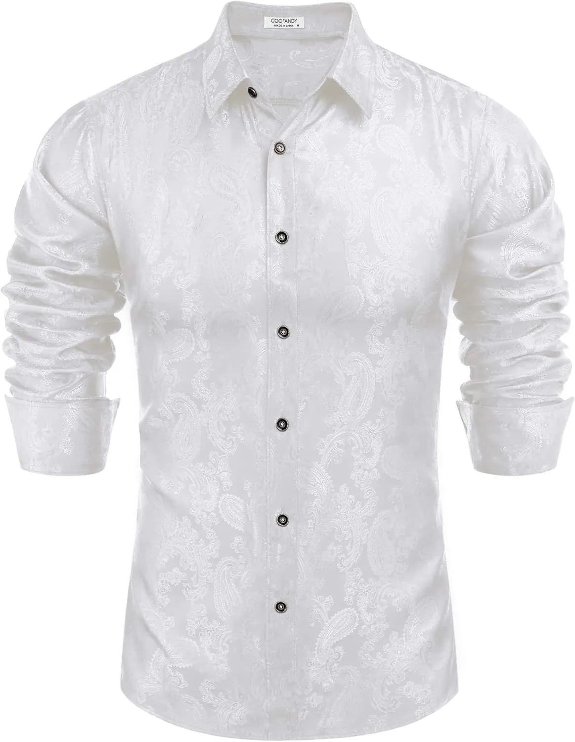 COOFANDY Men's Silk Satin Dress Shirt Long Sleeve Floral Printed Shirt Paisley Button Down Shirts for Wedding Party Prom