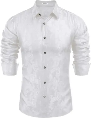 COOFANDY Men's Silk Satin Dress Shirt Long Sleeve Floral Printed Shirt Paisley Button Down Shirts for Wedding Party Prom
