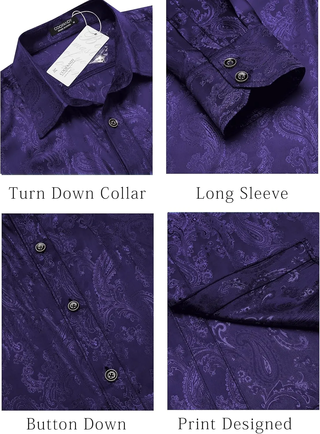 COOFANDY Men's Silk Satin Dress Shirt Long Sleeve Floral Printed Shirt Paisley Button Down Shirts for Wedding Party Prom