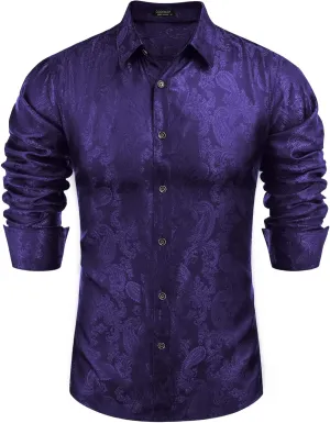COOFANDY Men's Silk Satin Dress Shirt Long Sleeve Floral Printed Shirt Paisley Button Down Shirts for Wedding Party Prom