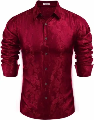 COOFANDY Men's Silk Satin Dress Shirt Long Sleeve Floral Printed Shirt Paisley Button Down Shirts for Wedding Party Prom