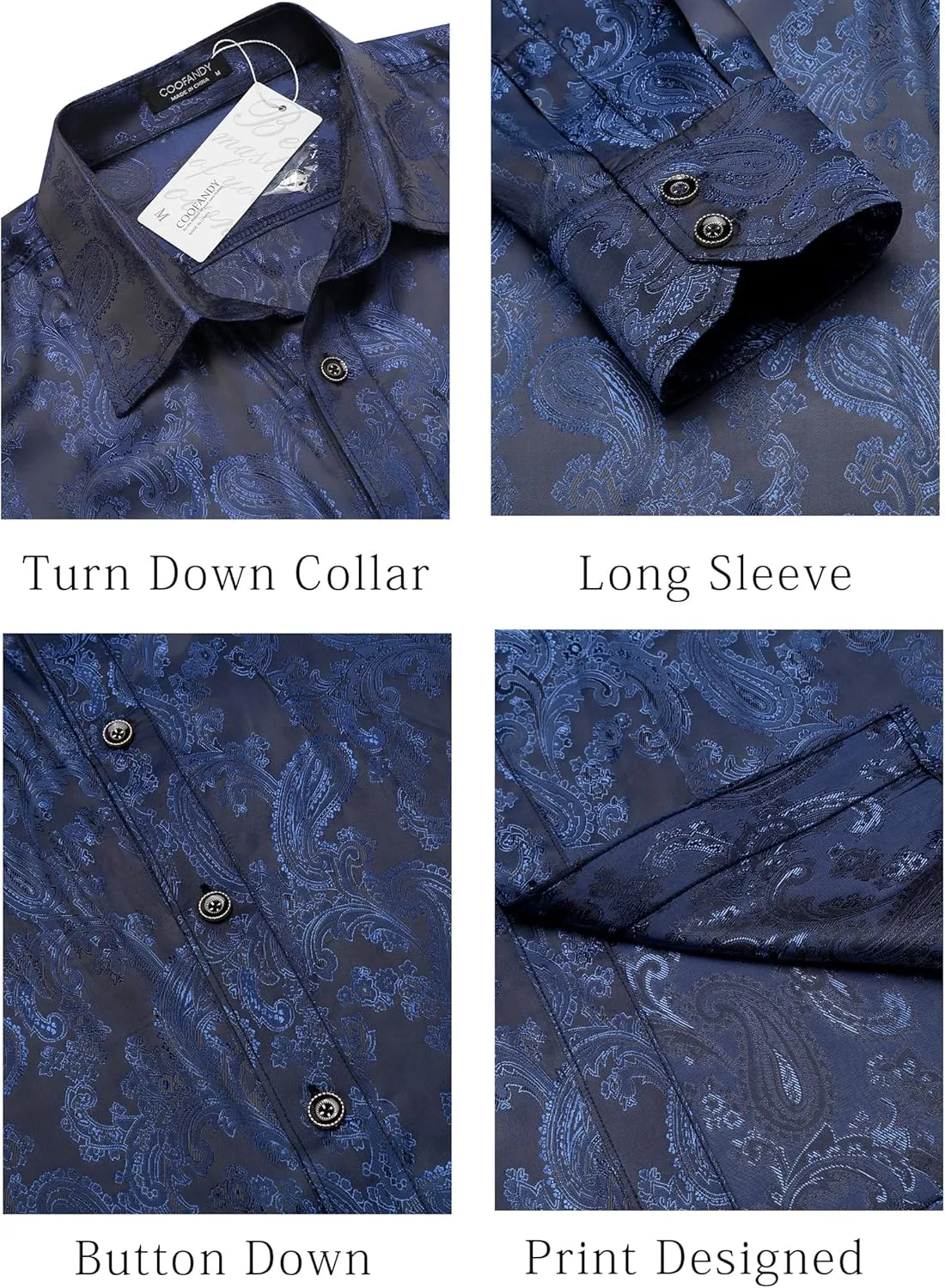 COOFANDY Men's Silk Satin Dress Shirt Long Sleeve Floral Printed Shirt Paisley Button Down Shirts for Wedding Party Prom