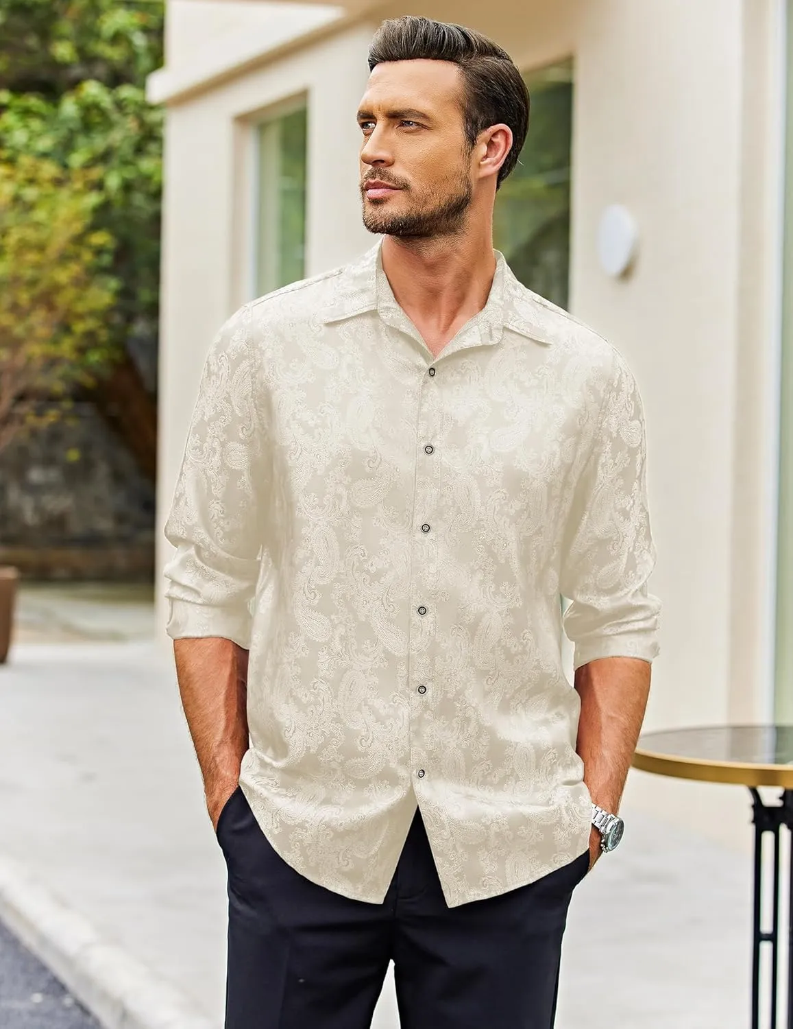 COOFANDY Men's Silk Satin Dress Shirt Long Sleeve Floral Printed Shirt Paisley Button Down Shirts for Wedding Party Prom