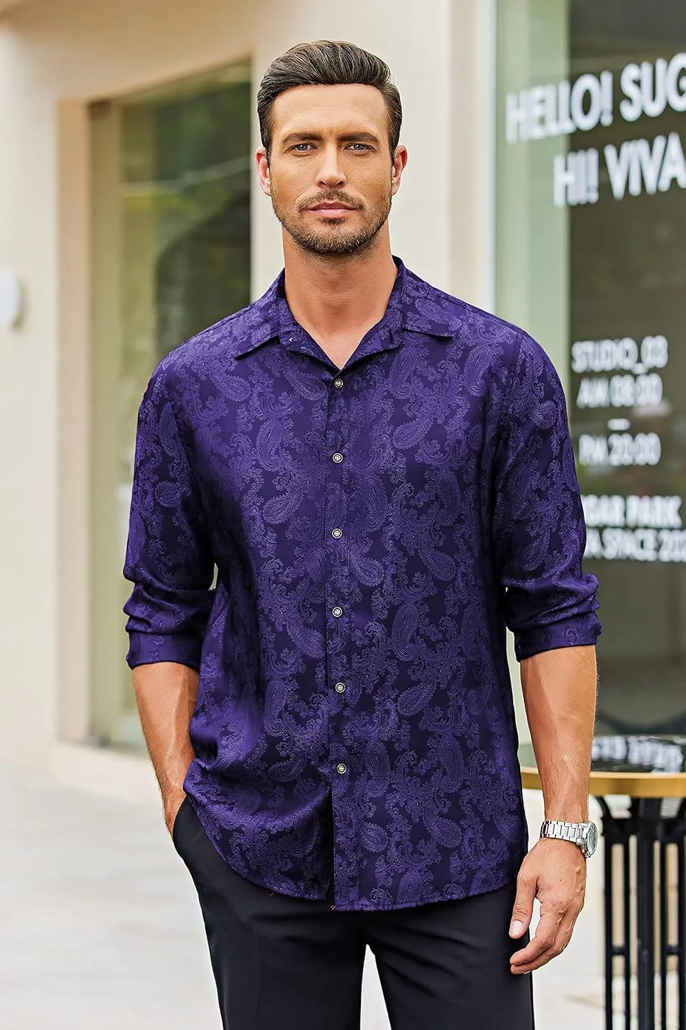 COOFANDY Men's Silk Satin Dress Shirt Long Sleeve Floral Printed Shirt Paisley Button Down Shirts for Wedding Party Prom