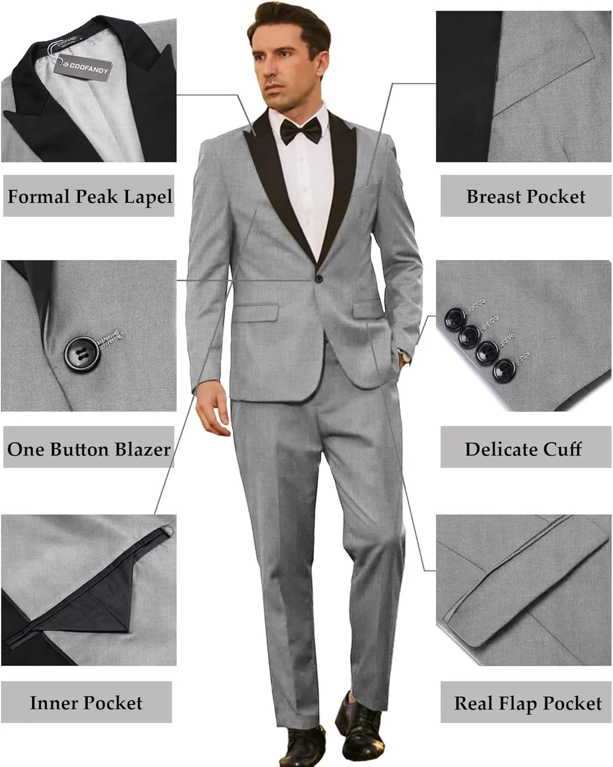 COOFANDY Men's Wedding Suits 2 Piece Tuxedo Jacket One Button Peak Lapel Suit Jacket Dress Pants for Dinner,Prom,Party