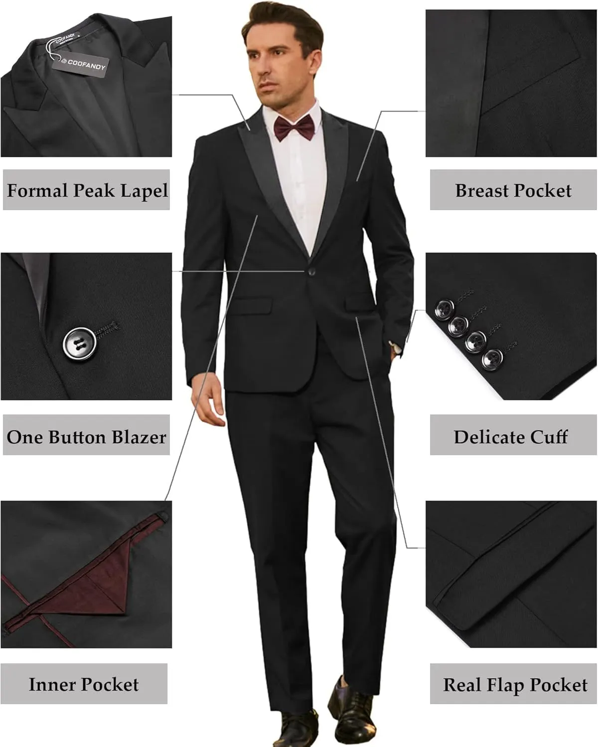 COOFANDY Men's Wedding Suits 2 Piece Tuxedo Jacket One Button Peak Lapel Suit Jacket Dress Pants for Dinner,Prom,Party