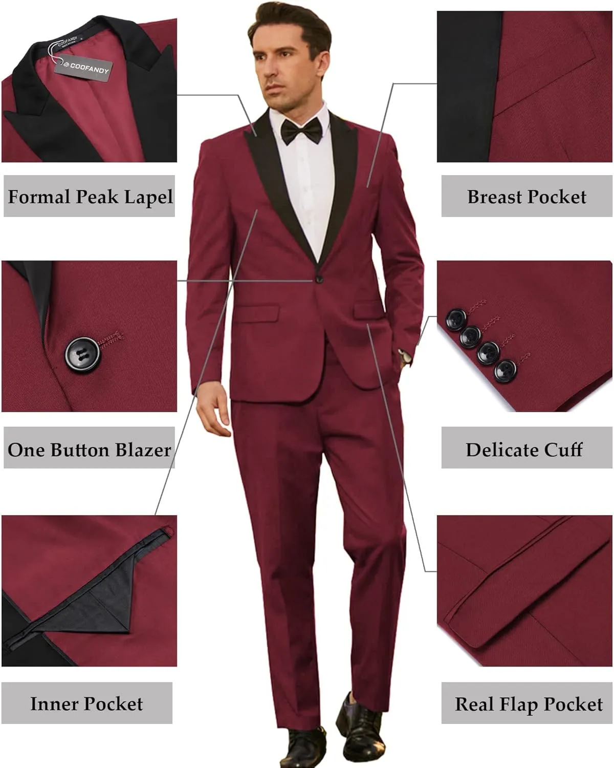COOFANDY Men's Wedding Suits 2 Piece Tuxedo Jacket One Button Peak Lapel Suit Jacket Dress Pants for Dinner,Prom,Party