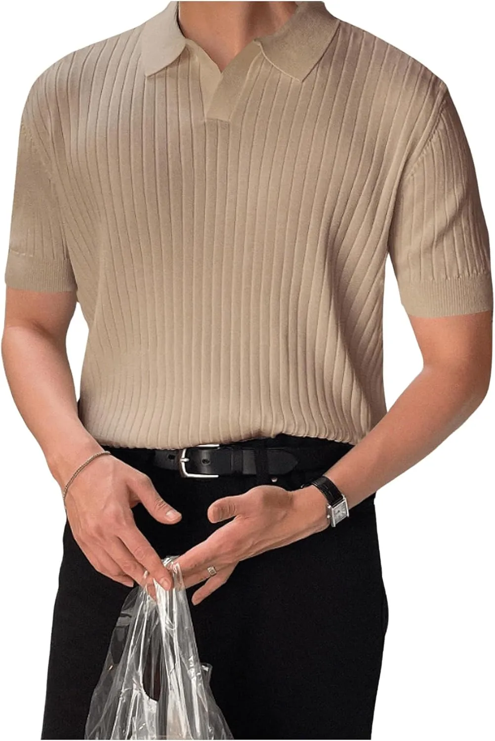 COZYEASE Men's Ribbed Knit Top V Neck Short Sleeve T Shirt Casual Plain Solid Tees Top Shirt