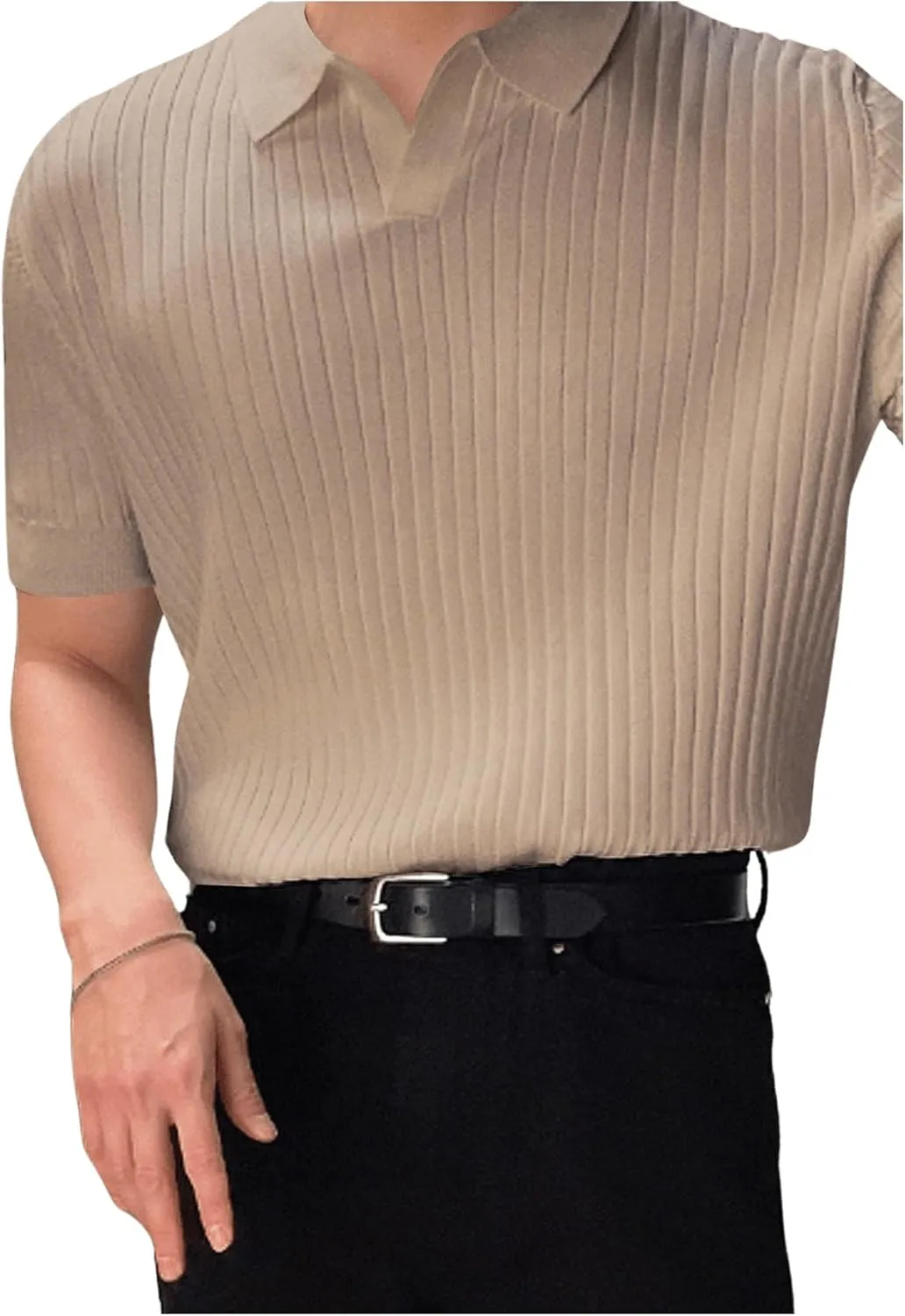 COZYEASE Men's Ribbed Knit Top V Neck Short Sleeve T Shirt Casual Plain Solid Tees Top Shirt