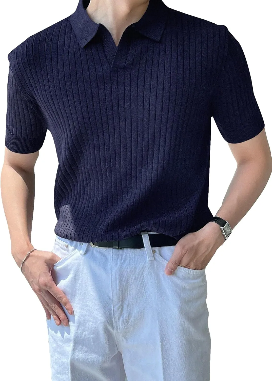 COZYEASE Men's Ribbed Knit Top V Neck Short Sleeve T Shirt Casual Plain Solid Tees Top Shirt