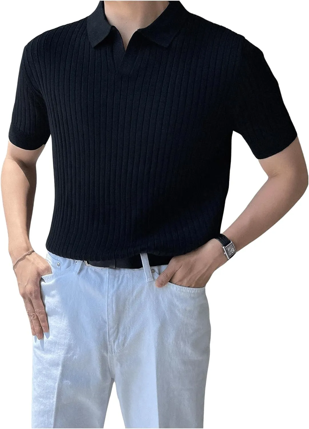 COZYEASE Men's Ribbed Knit Top V Neck Short Sleeve T Shirt Casual Plain Solid Tees Top Shirt