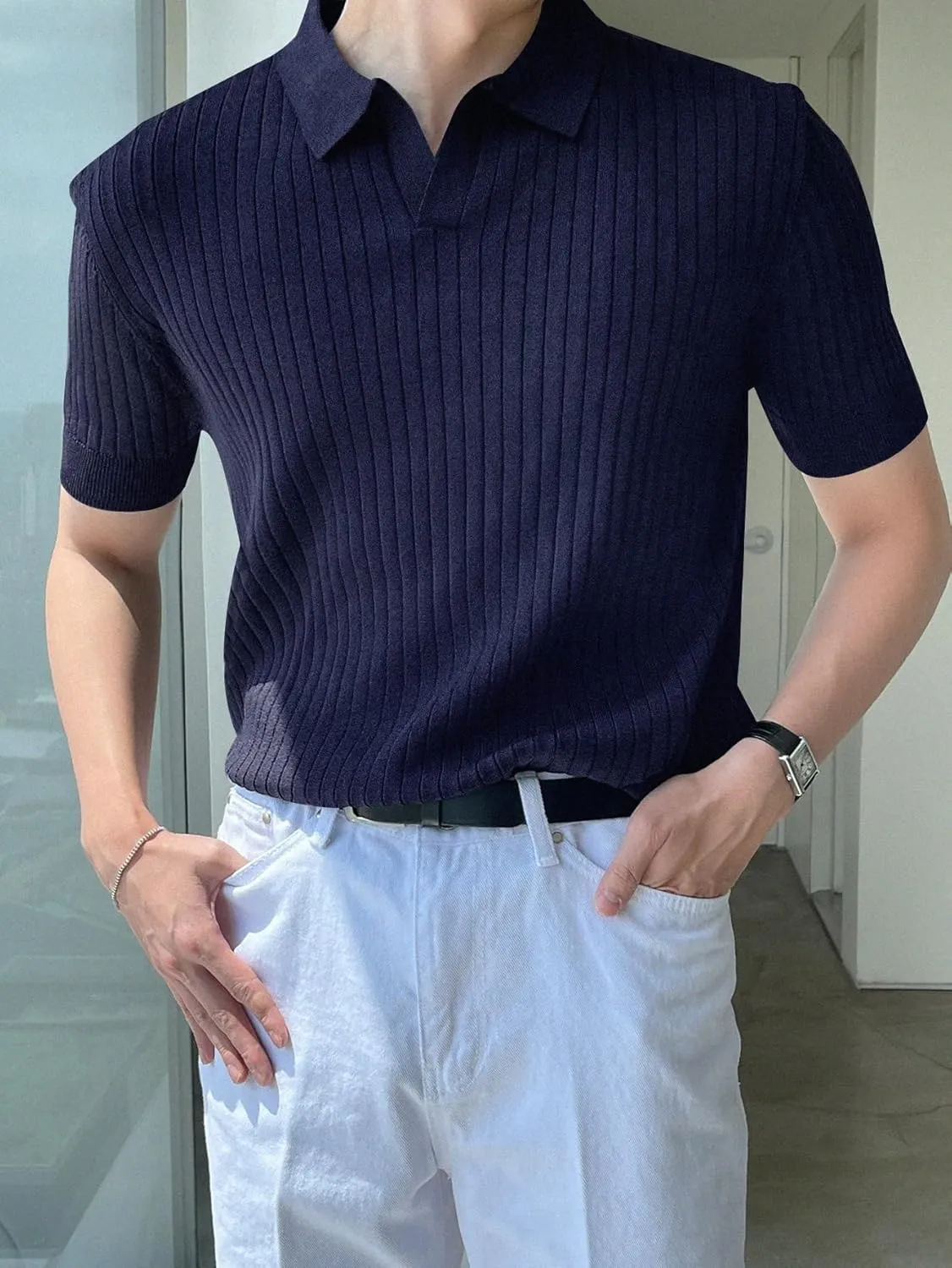 COZYEASE Men's Ribbed Knit Top V Neck Short Sleeve T Shirt Casual Plain Solid Tees Top Shirt