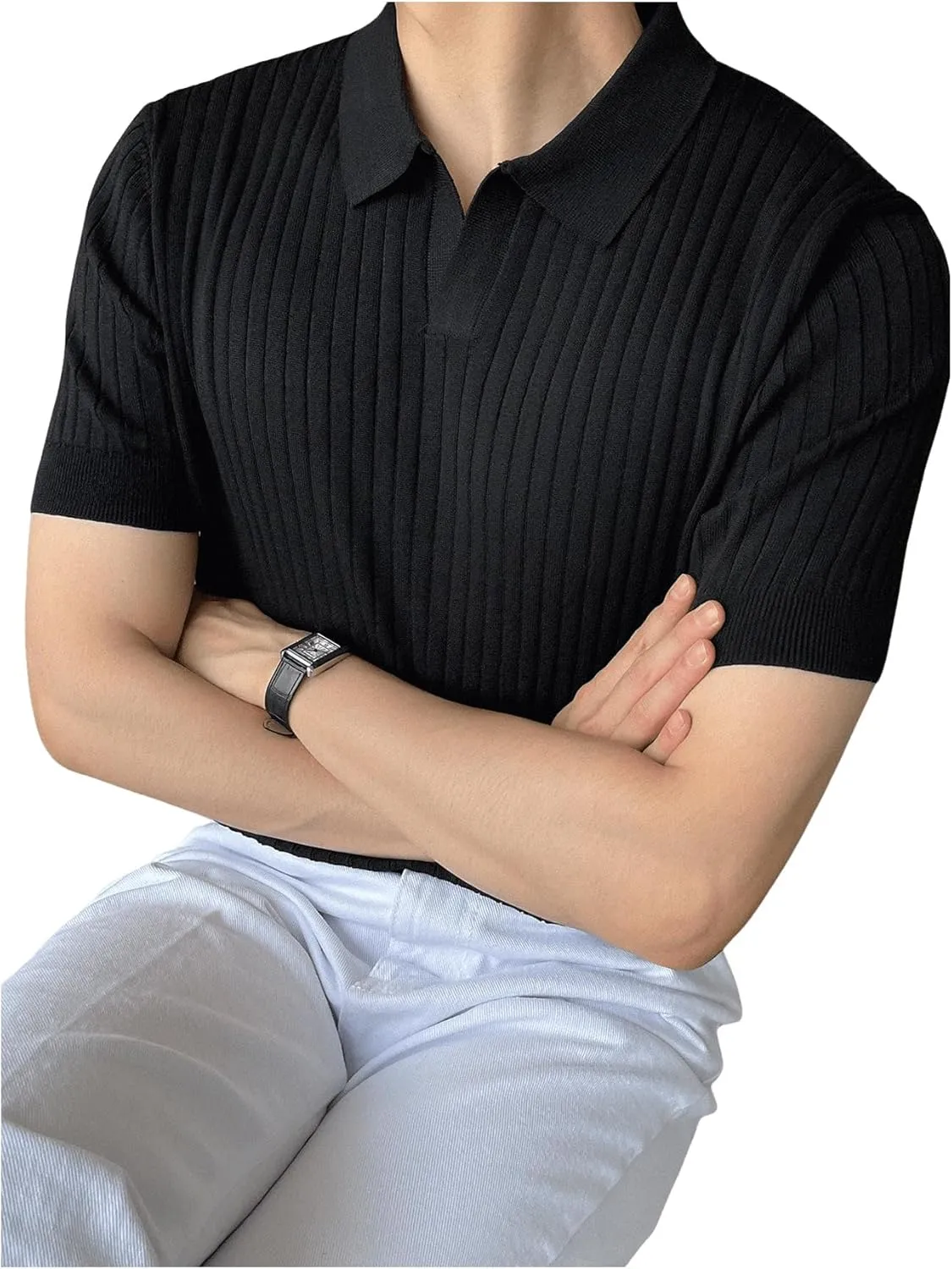 COZYEASE Men's Ribbed Knit Top V Neck Short Sleeve T Shirt Casual Plain Solid Tees Top Shirt
