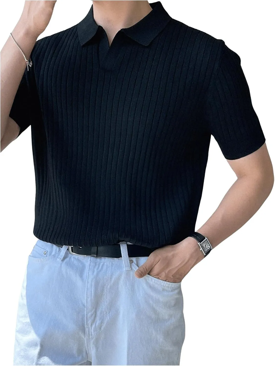 COZYEASE Men's Ribbed Knit Top V Neck Short Sleeve T Shirt Casual Plain Solid Tees Top Shirt
