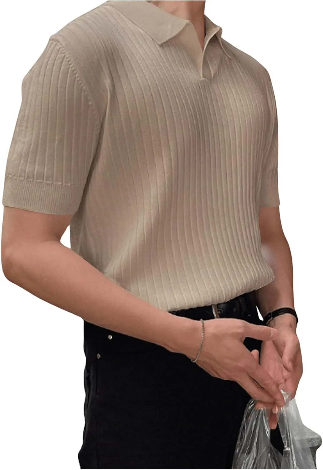 COZYEASE Men's Ribbed Knit Top V Neck Short Sleeve T Shirt Casual Plain Solid Tees Top Shirt