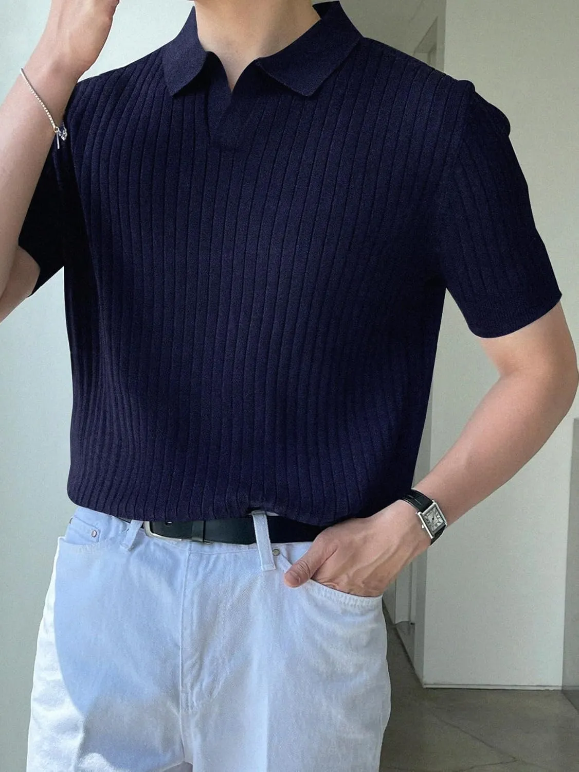 COZYEASE Men's Ribbed Knit Top V Neck Short Sleeve T Shirt Casual Plain Solid Tees Top Shirt