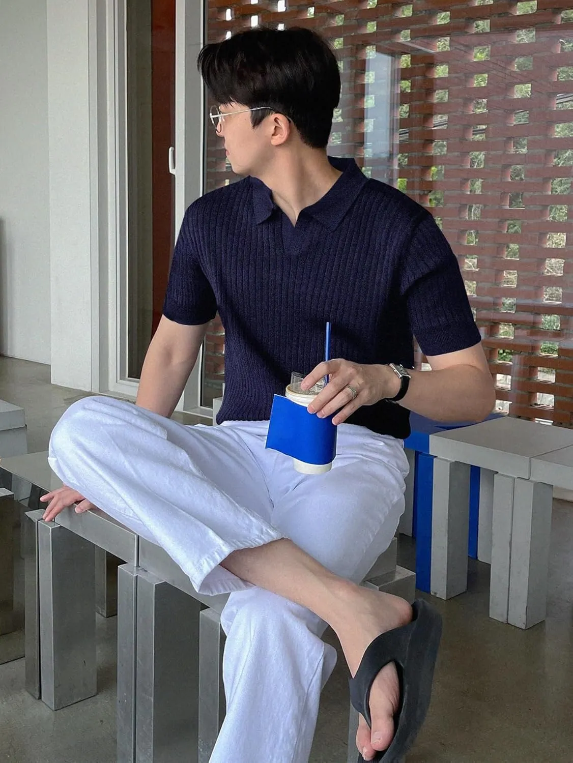 COZYEASE Men's Ribbed Knit Top V Neck Short Sleeve T Shirt Casual Plain Solid Tees Top Shirt