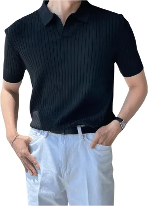 COZYEASE Men's Ribbed Knit Top V Neck Short Sleeve T Shirt Casual Plain Solid Tees Top Shirt